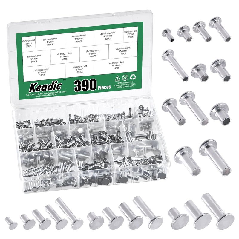 Keadic 390Pcs M4 M5 M6 Aluminum Flat Head Semi-Tubular Rivets Assortment Set, 12 Sizes Silver Tone Metal Stud Fasteners for Leather Household Automobile Industry - Image 1